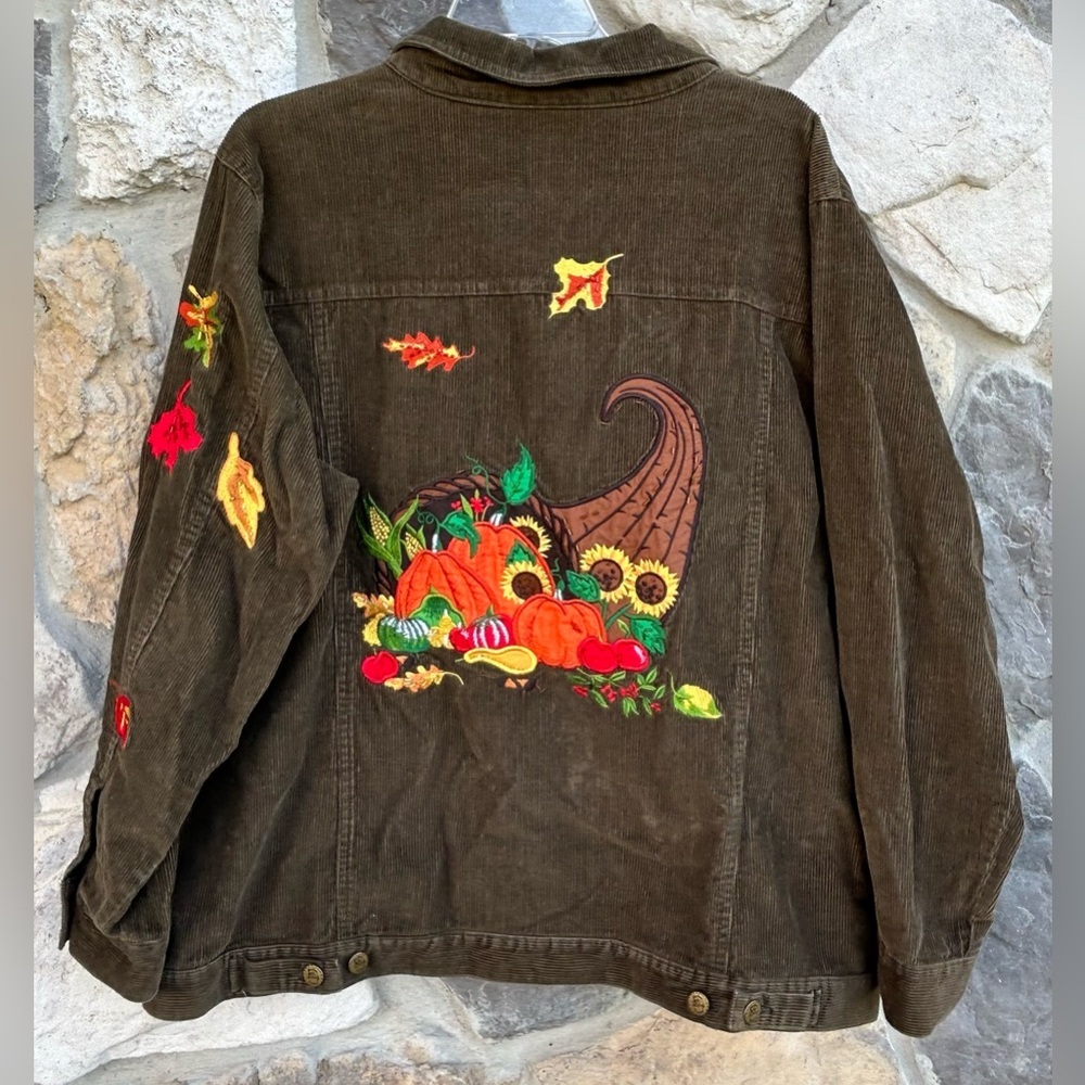 Vtg Quacker Factory Corduroy Jacket Sz 1X Brown Beaded Embroidered Pumpkins Fall